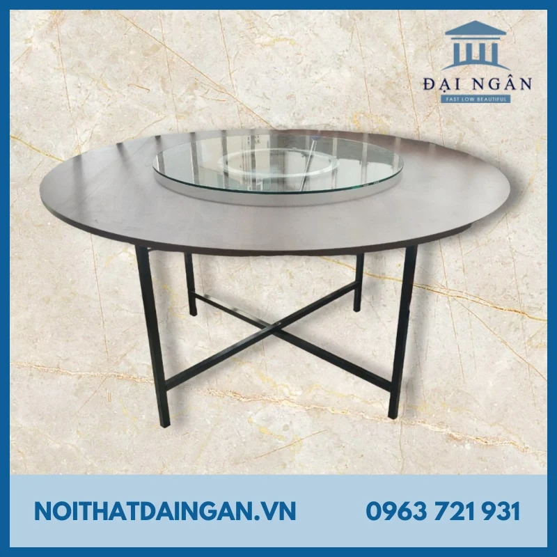 Bàn nhà hàng tiệc cưới tròn 1m4 mặt gỗ MDF có mâm xoay