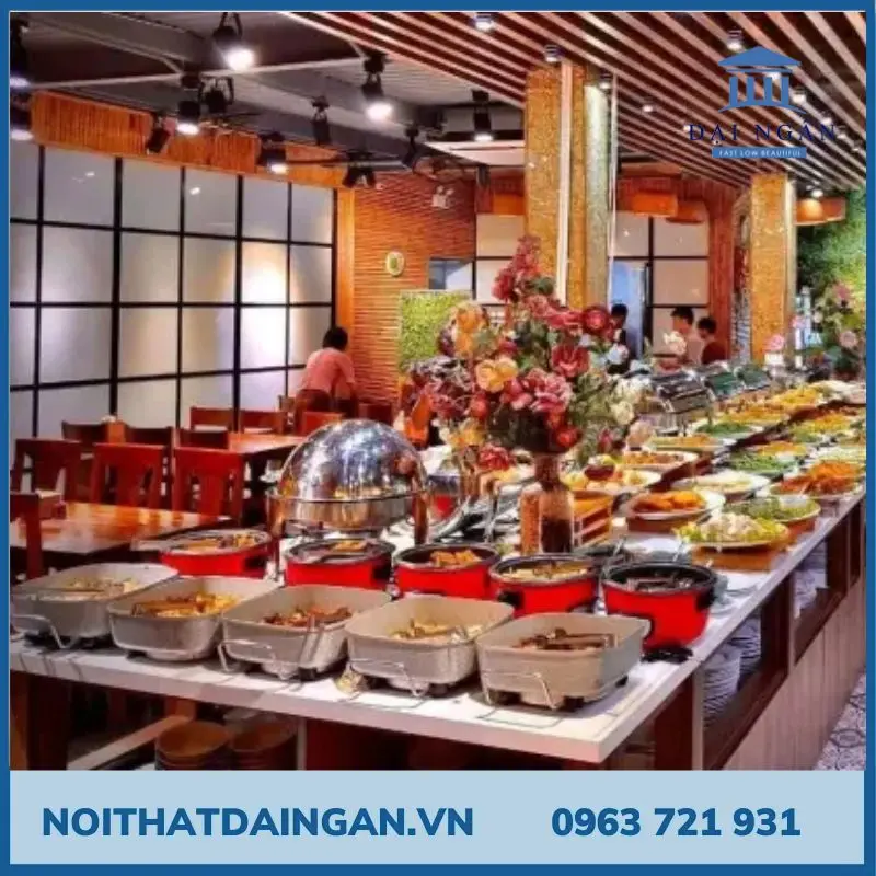 Bàn buffet nhà hàng đẹp, bàn gỗ, bàn inox nhà hàng sang trọng