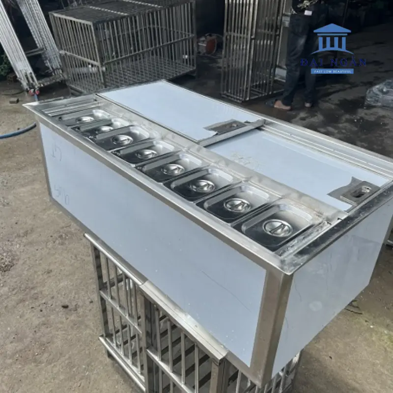 Thùng đá inox kèm khay topping chân đứng