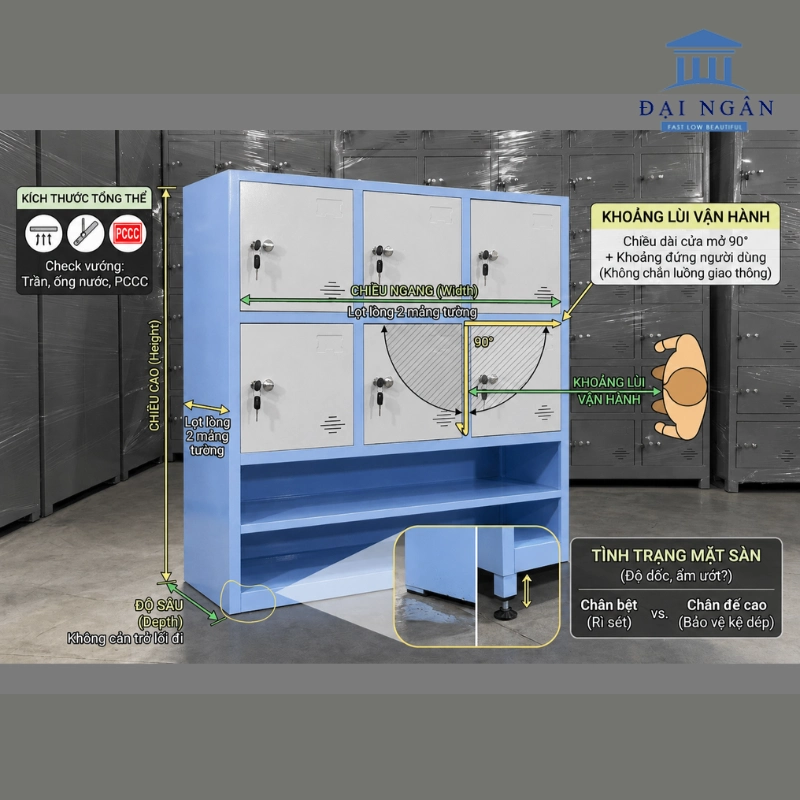 tủ locker sắt 6 cánh có kệ dép