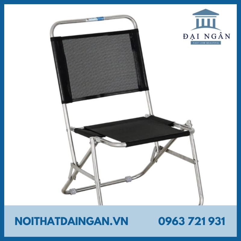 Ghế bố xếp inox đen có mặt vải mini cafe