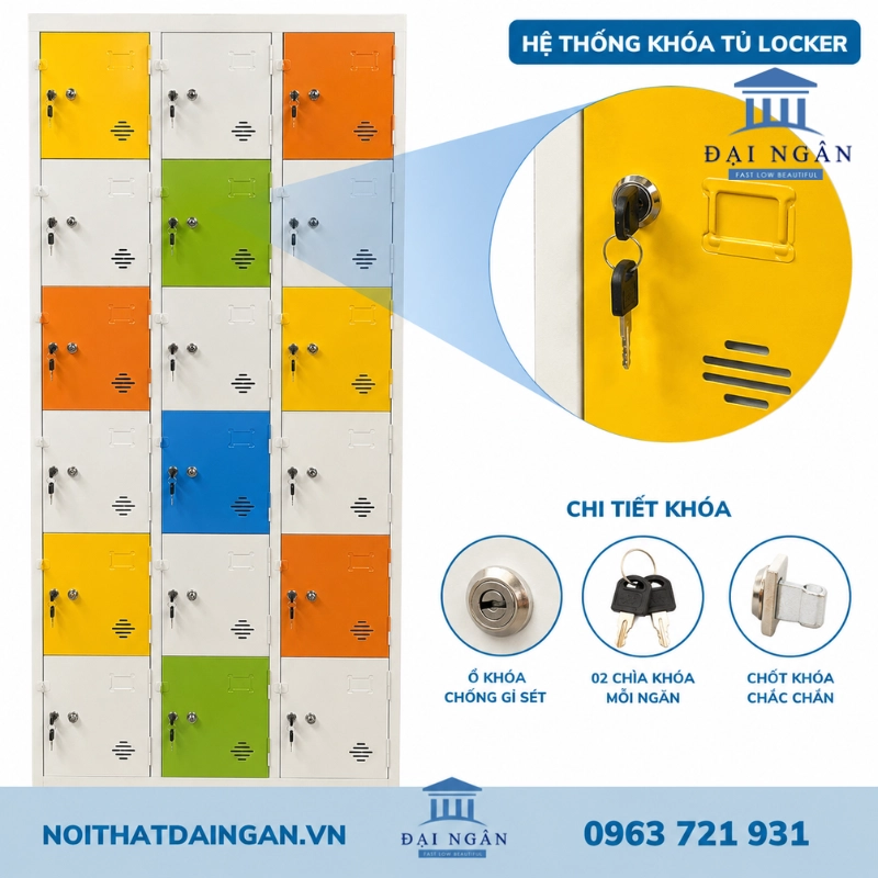 tủ locker 18 ngăn đứng đa sắc