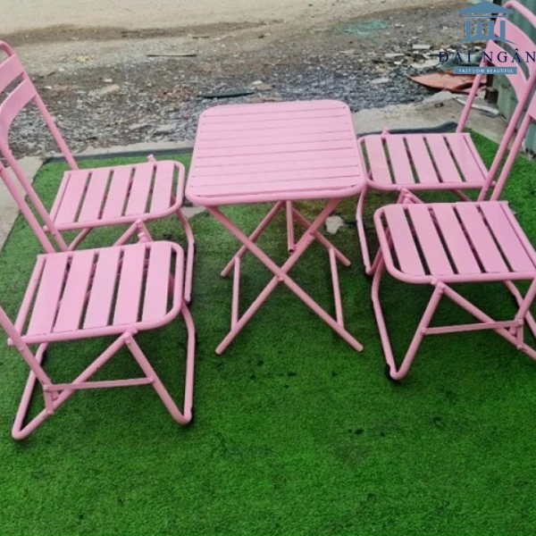bộ bàn ghế sắt xếp cà phê màu hồng