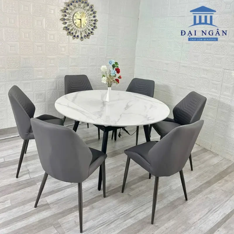 Bộ bàn tròn mặt đá có thể xoay thành hình chữ nhật 6 ghế SUNNY