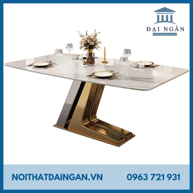 Bàn ăn mặt đá chân Z inox mạ vàng 1m6 BA015