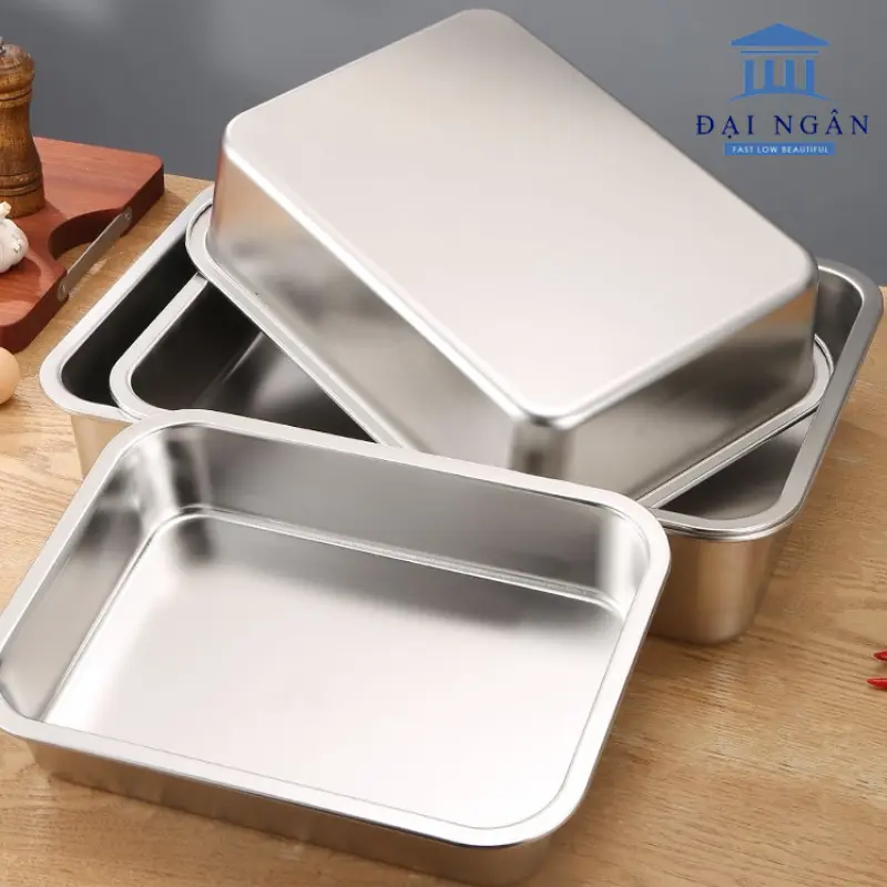 Khay inox chữ nhật sâu lòng có nắp đậy 35x50cm