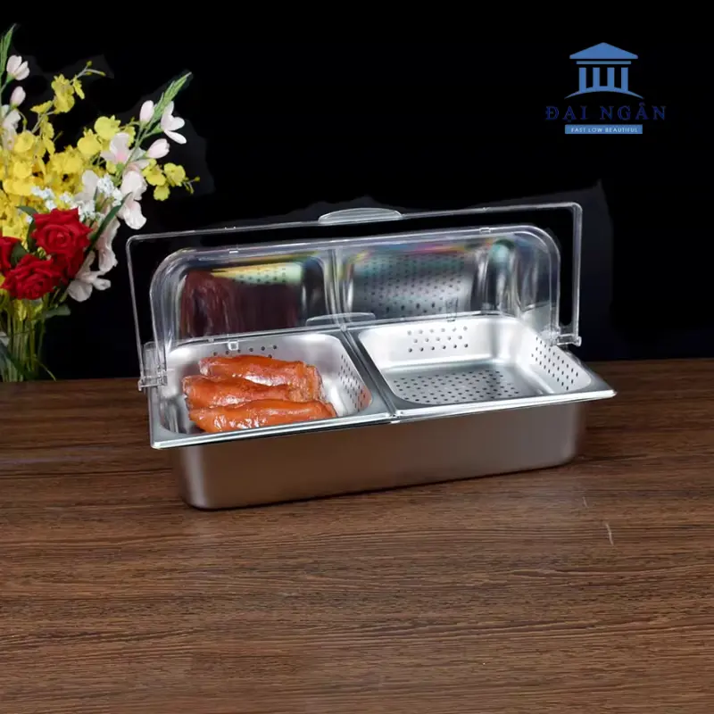 Khay inox chữ nhật có nhiều ngăn, có lỗ