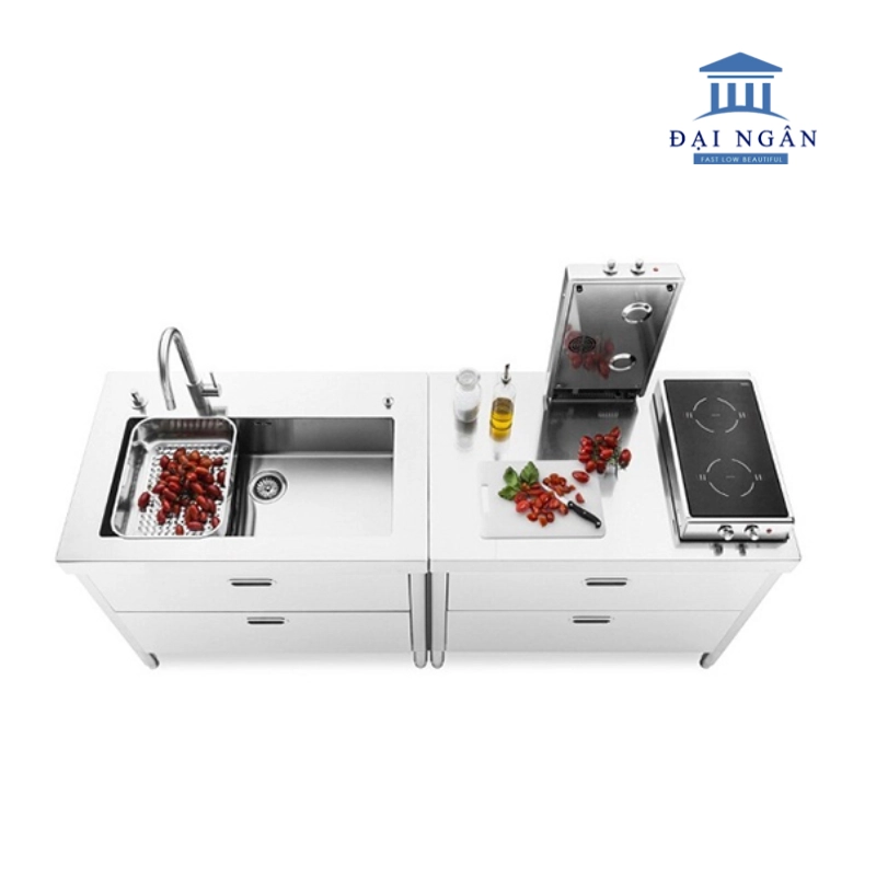 Bàn bếp inox mini có tủ dưới kín