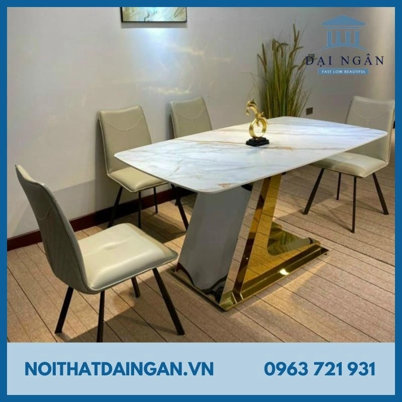 Bàn ăn mặt đá chân Z inox mạ vàng