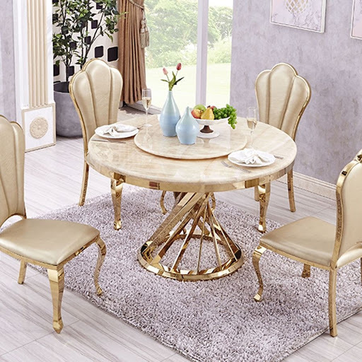 Bộ bàn ăn mặt đá chân inox hình tròn phong cách Hoàng gia mạ vàng