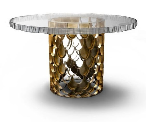 Bàn trà tròn chân inox mạ vàng công nghệ PVD hình vảy rồng cao cấp