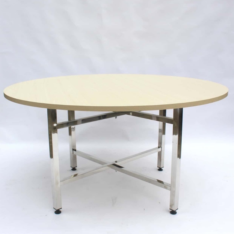 bàn tròn 1m5 gỗ MDF chân xếp inox